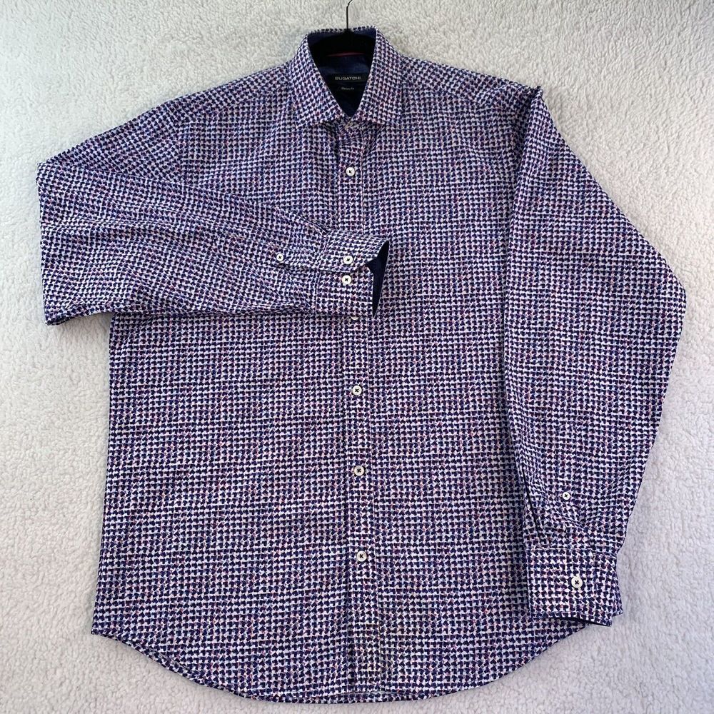 Bugatchi men shirt medium Classic Fit Blue White Optic Pattern Long Sleeve